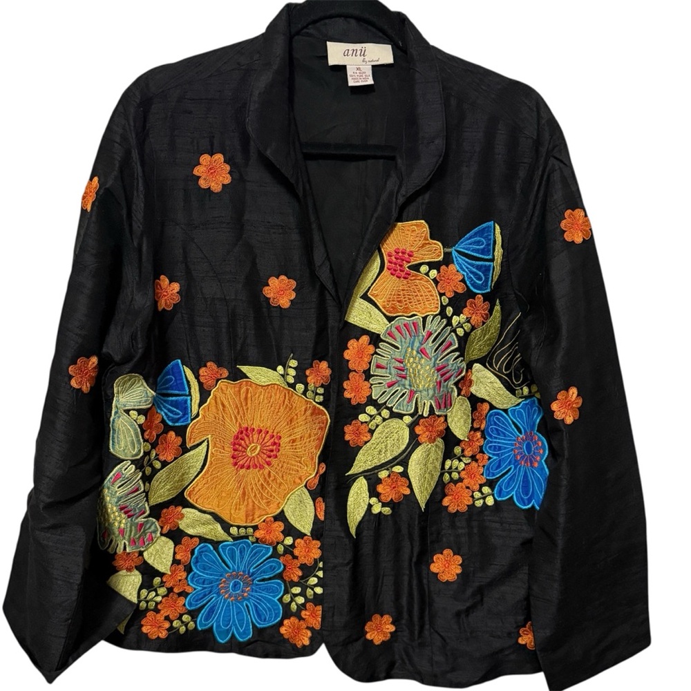 Anu by Natural Silk Floral Embroidered Black Jacket Sz XL‎ Floral